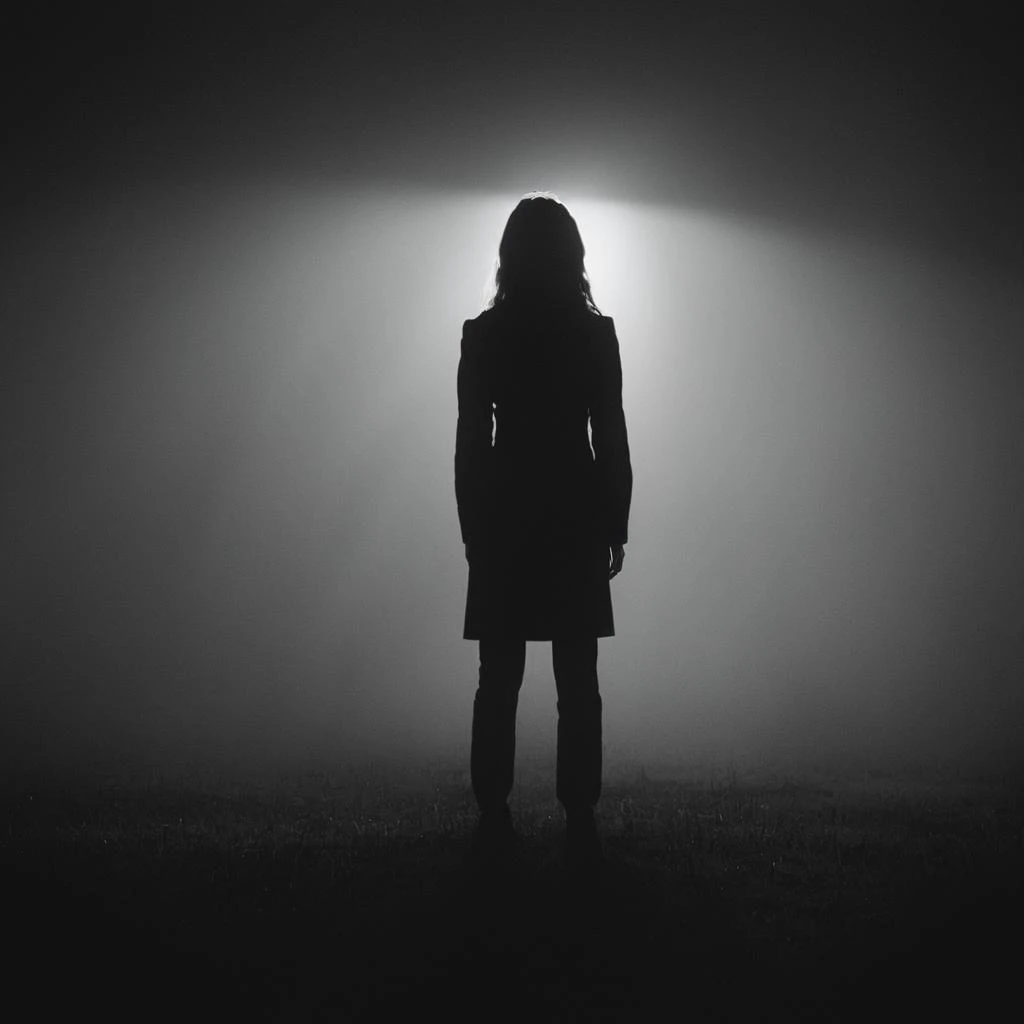 cinematic film still of  <lora:volumetric lighting:1> volumetric lighting style
a person standing in the dark with a foggy background,1girl,solo,long hair,standing,monochrome,greyscale,outdoors,from behind,night,grass,scenery,silhouette,dark , volumetric l...