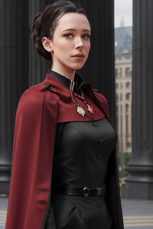 <lora:rebeccahall:0.6>,,rebeccahall, ,photo of a woman, ((hair up, hair in bun, dark red hair):1.1) ((military uniform, cape, medals):1.2), ((outdoors, city, military parade):1.2),((red lipstick, blush)), ((best quality, masterpiece, extreme details, high ...