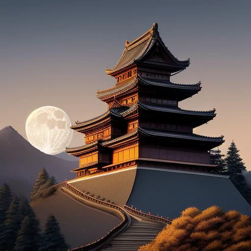 night time, looking up, old samurai castle, on top of a mountain, large moon, fence, winding path, dark, evil, nest quality, 8k, overalldetail