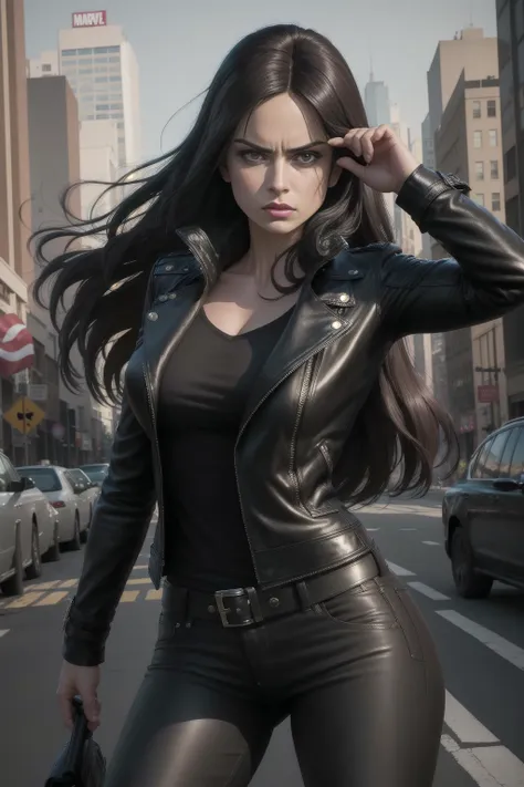 a woman in a black leather jacket and black pants is walking down the street