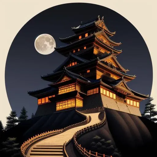 night time, looking up, old samurai castle, on top of a mountain, large moon, fence, winding path, dark, evil, nest quality, 8k, overalldetail