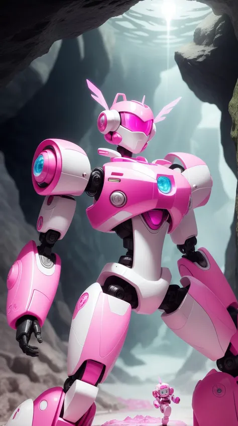 Pink colored <lora:BarbieCore:0.8> BarbieCore robots examining newly discovered stalagmite formations in a laser lit cave, (shiny plastic:0.8), (pink plastic:0.9), anime style