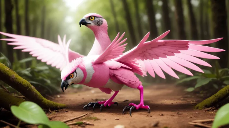 Pink colored <lora:BarbieCore:0.8> BarbieCore a goshawk in pursuit of a pigeon weaving through forest trees, (shiny plastic:0.8), (pink plastic:0.9), anime style