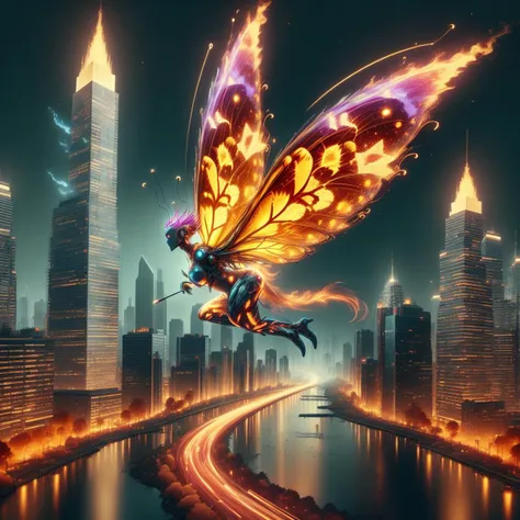 <lora:elementfire:1>elementfire silver toothpick,digital art of a futuristic cityscape with holographic butterflies floating and...