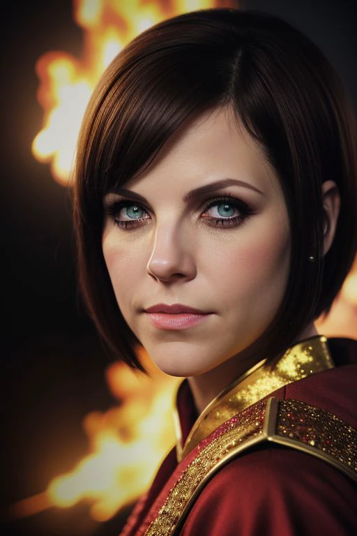 Close up portrait, (Koh_BobbiStarr:0.99), a female firebender, wearing crimson robes, golden jewelry, fire in background, flames, intricate detail, dim lighting, detailed background, shiny glossy skin, subsurface scattering, glitter, Nikon D850 film stock ...