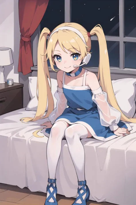 1girl, bedroom, sitting, on bed, (chibi:1.1),blue dress, white thighhighs, shoes, smile, headset, flat chest,detached sleeves,  <lora:rtachanV5:1>,twintails, blonde hair,very long hair,  long hair,bedroom,