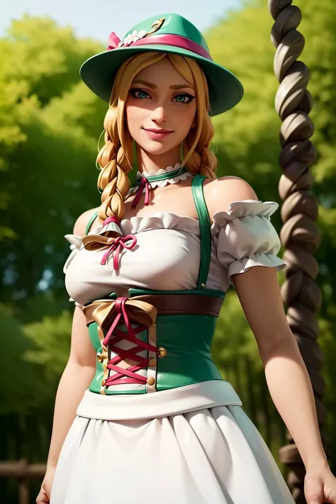 (Realistic:1.3), <lora:Heidi:0.65> , xyzheidi, 1girl, (beautiful detailed face, sharp details), smiling, closed mouth, looking at viewer, hands behind back, freckles, hat, dress, bare_shoulders, braid, choker, twin_braids, lips, corset, bloomers, green_hea...