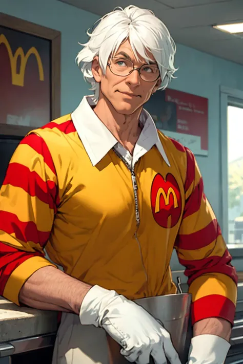 best quality, Mature male, looking over one shoulder, <lora:ARWRonaldMcdonald:.8> ronaldmcdonald