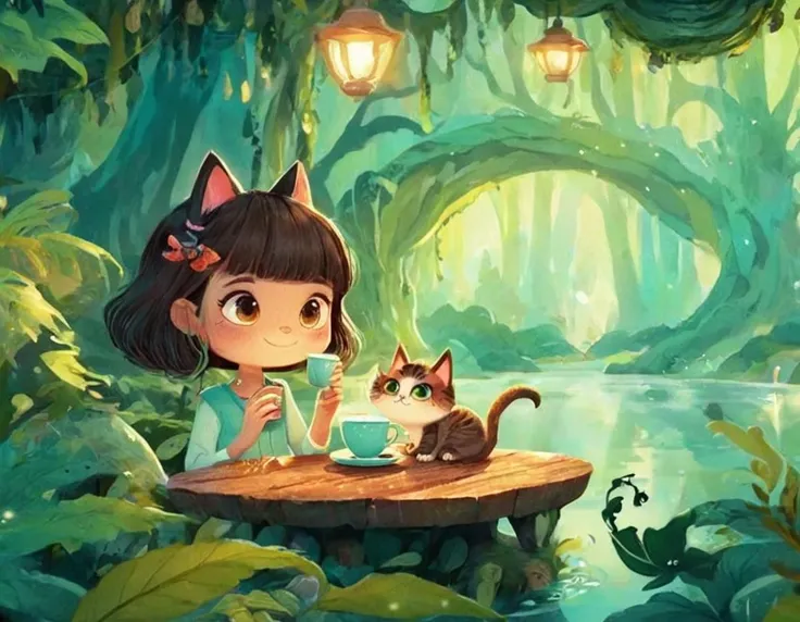 <lora:kids:1>,(illustration:1.2),adorable_girl drinking a cup of coffee and dragon cat in fantasy forest,harbor,