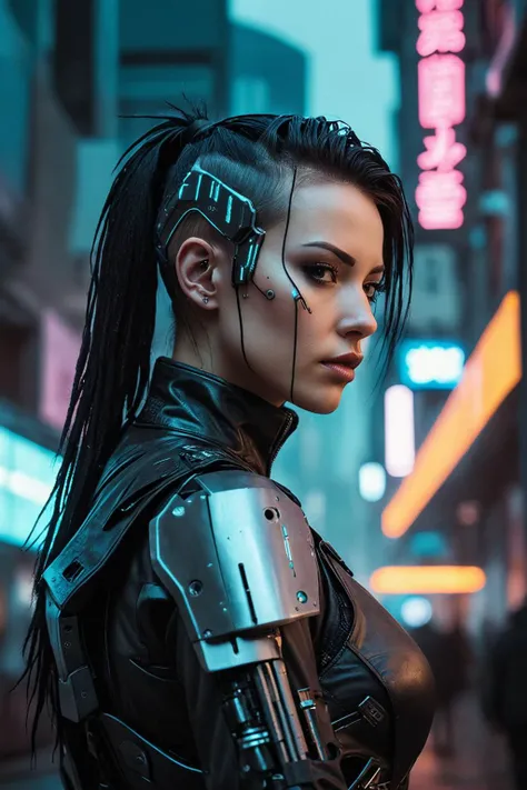 a photo of a cyberpunk woman in a futuristic city