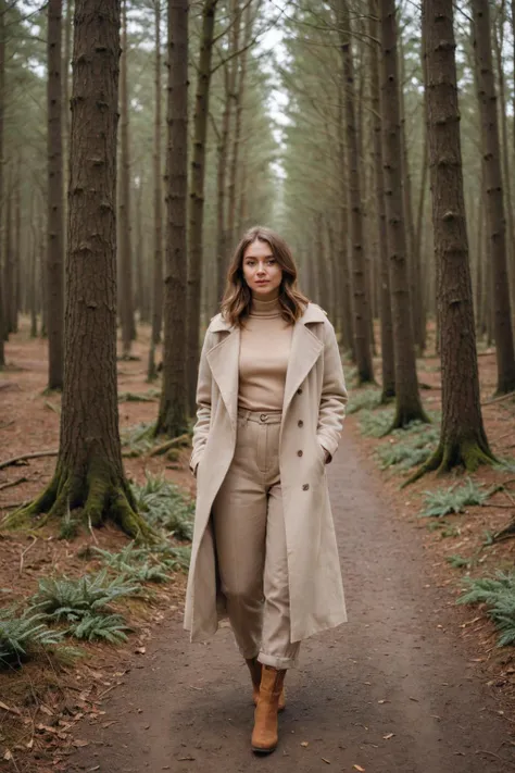 20yo woman, standing in the middle of a winding forest path in Europe, in Winter, wearing a beige outfit appropriate for the season.