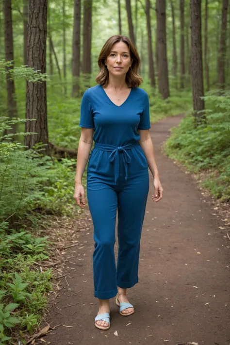 40yo woman, standing in the middle of a winding forest path in America, in Summer, wearing a blue outfit appropriate for the season.