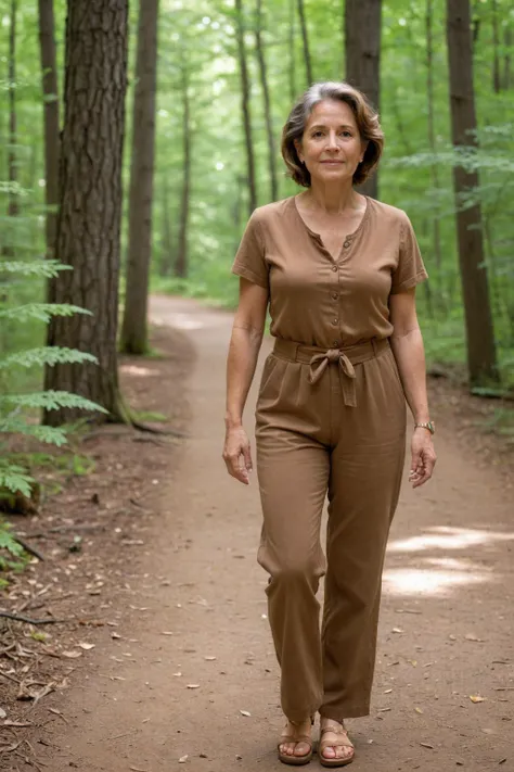 50yo woman, standing in the middle of a winding forest path in America, in Summer, wearing a brown outfit appropriate for the season.