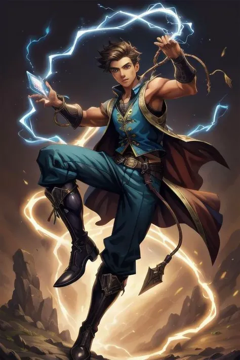 Disney, (masterpiece), oil painting, perfect face, expressive eyes, 1boy, handsome, 20 years old, holding a bullwhip thunder-weapon, yellow vest, white pants, knee-high boots,
fantasy, magic, mystical, dynamic pose, simple background,
<lora:skin_tone_slide...