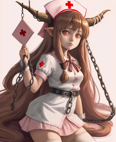 nurse cap, brown hair, horn ornament, thighhighs, solo, oni, horns, ribbon, horn ribbon, chain, very long hair, brown eyes, long hair, cuffs, 1girl, pink thighhighs, hat, ibuki suika, nurse, low-tied long hair, shackles  <lora:char-ibuki-suika:0.8>