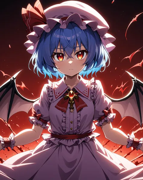 a woman in a white dress with blue hair and a red demon