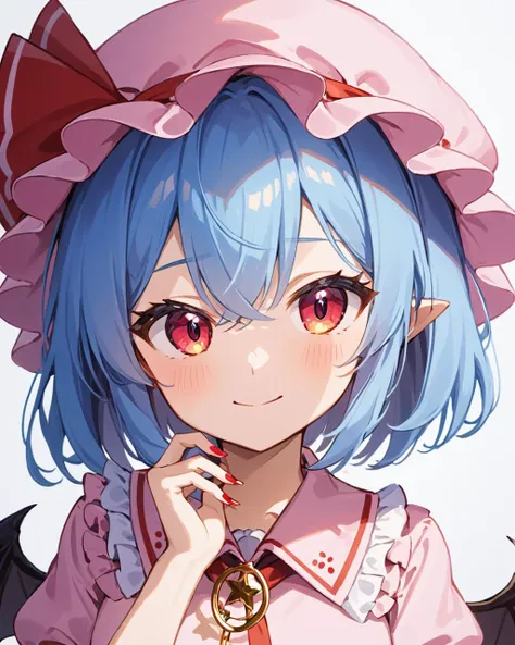 anime girl with blue hair and a pink hat with a red bow