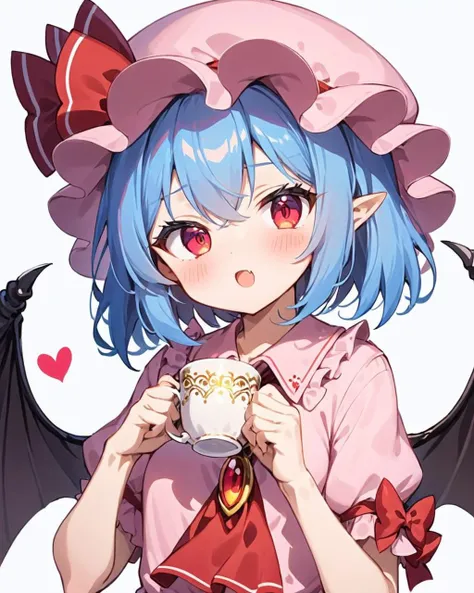 anime girl with blue hair and pink hat holding a cup