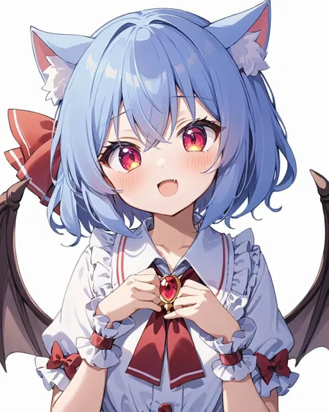 anime girl with blue hair and red eyes wearing a cat ears