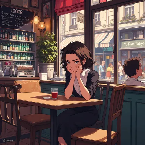 a stressed cartoon woman in a london cafe