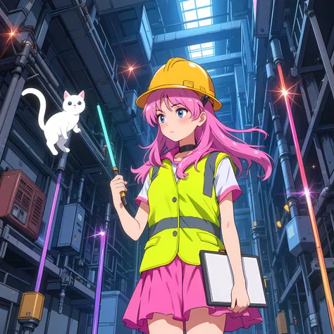 a sparkly magical girl in high-vis and a pink skirt and a hard hat and carrying a clipboard in one hand and a her wand in the other conducts a routine inspection of a magical wand factory while her cat familiar floats along side, sailor moon style