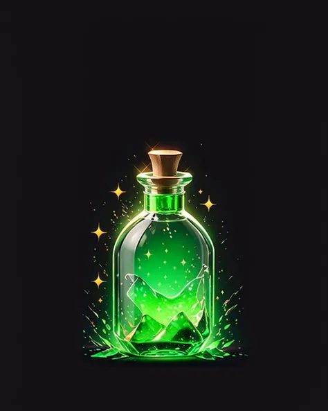 game icon institute, game icon, bottle, green, sparkle, black background, <lora:game icon institute_yanjiusuopingzi_v3-000020:0.8>