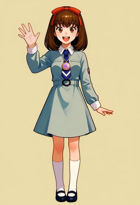 a cartoon girl in a school uniform waving and smiling