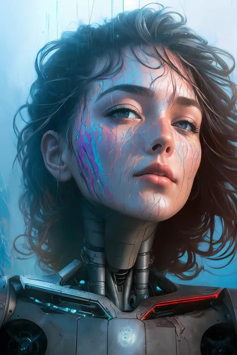 a cyborg robot, lights, scars, refractions, posing, ultradetailed, HD, 8K, highlights, good lighting, the most amazing effect, sci-fi,((art by carne griffiths and sean yoro))