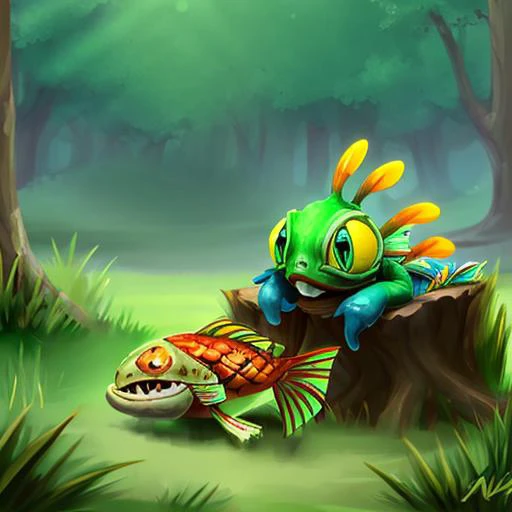 ((murky sleeping in the grass))<lora:MurkyLora:0.7> solo, teeth, pokemon (creature), fangs, turtle, holding, fish, murky (creature), Highly detailed, masterpiece, best quality,