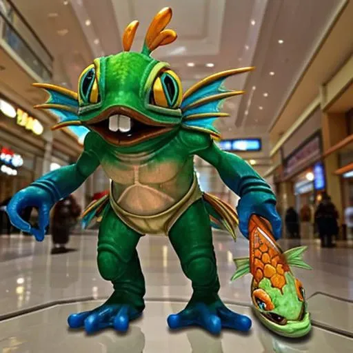 ((murky walking in a mall))<lora:MurkyLora:0.7> solo, teeth, pokemon (creature), fangs, turtle, holding, fish, murky (creature), Highly detailed, masterpiece, best quality,