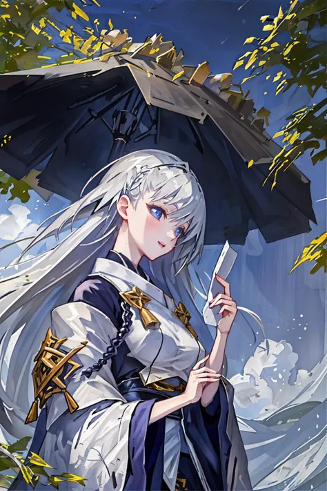 anime girl with white hair holding an umbrella in the rain