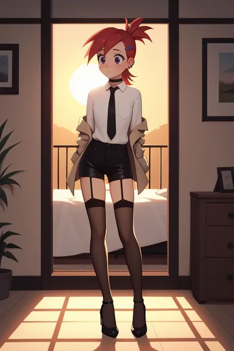 anime girl in short skirt and tie standing in front of a bed