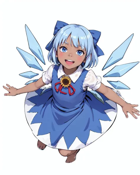 masterpiece,(high quality, best quality:1.2), (sunflower brooch:1.1), (tanned cirno:1.4), 1girl, smile, flying, blue eyes, ice wings, snow, white background, <lora:cirno:0.5>, megami_magazine, (white outline vector art:1.2), (flat anime:1.2), (flat_colorin...