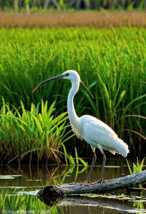 there is a white bird standing on a log in the water