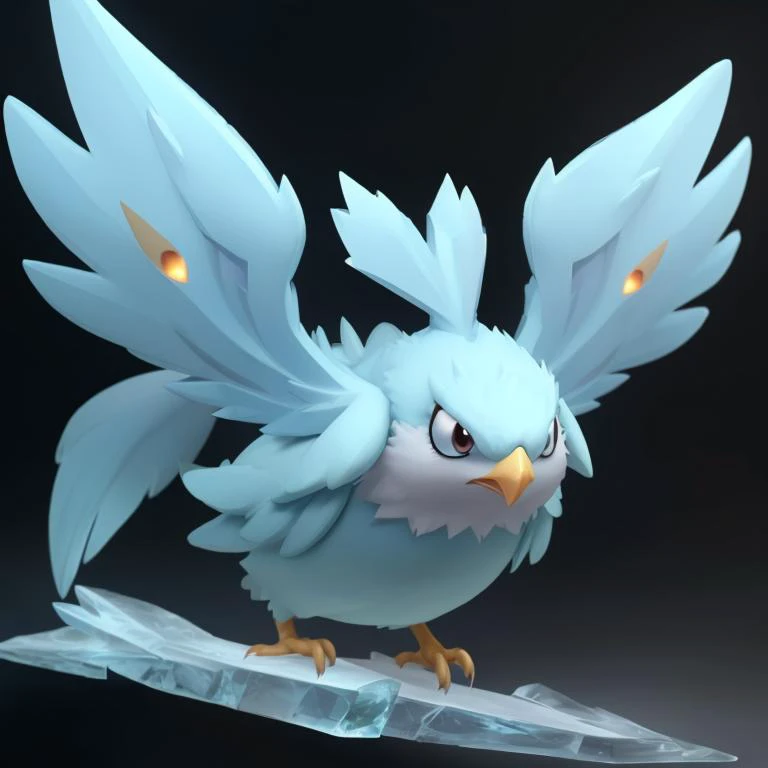 pmmkr2024, magic, anime, cartoon, creature, best quality, trending on artstation, masterpiece, cute, ice bird, light blue, flying, ice wings