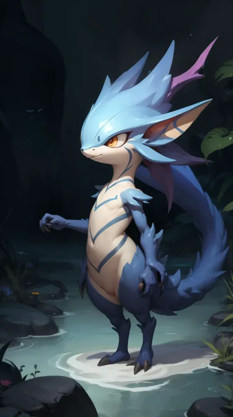 a close up of a pokemon character standing in a swamp