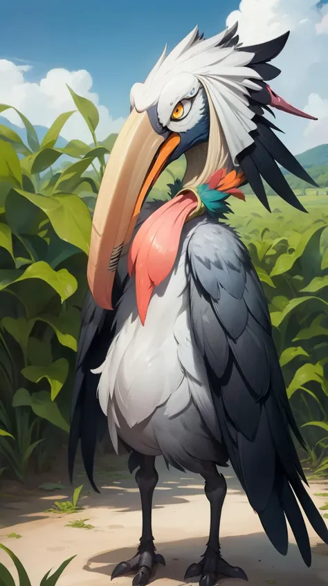 <lora:pmmkr2024:0.8>pmmkr2024  (Shoebill:1.3), magic, anime, cartoon, creature, best quality, cute, in corn maze, (Masterpiece:1.3) (best quality:1.2) (high quality:1.1)