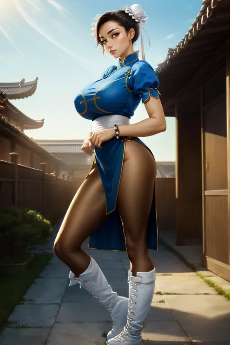 (masterpiece, best quality, ultra detailed, absurdres:1.5), 1girl, (sexy, beautiful woman, perfect face, perfect eyes, perfect female body, toned, large breasts:1.5), (chun-li_(cosplay), cosplay, spiked bracelet, white sash, pantyhose, china dress, chinese...