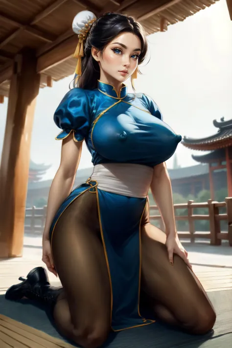 (masterpiece, best quality, ultra detailed, absurdres:1.5), 1girl, (sexy, beautiful woman, perfect face, perfect eyes, perfect female body, toned, medium breasts:1.5), (chun-li_(cosplay), cosplay, spiked bracelet, white sash, pantyhose, china dress, chines...