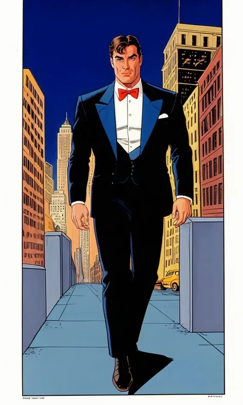 xmtas1992, cartoon, flat colors, man walking in new york, Italian suit,