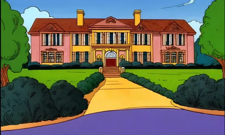 xmtas1992, cartoon, flat colors, outdoors, mansion, xaviers school for gifted