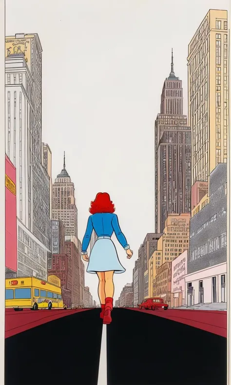 xmtas1992, cartoon, flat colors, 1girl, walking in new york,