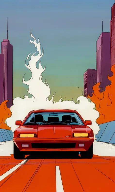 xmtas1992, cartoon, flat colors, muscle car, driving smoke, city, burnout