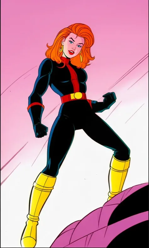 xmtas1992, cartoon, flat colors, 1girl,  action pose,  x-men, jungle, spandex,