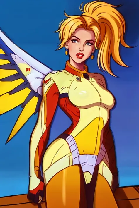 Mercy in the style of xmtas1992,  cartoon, flat colours, gorgeous, long hair,  <lora:xmtas1992:0.85>,  <lora:mercy:0.7> , high ponytail, bodysuit, mechanical wings