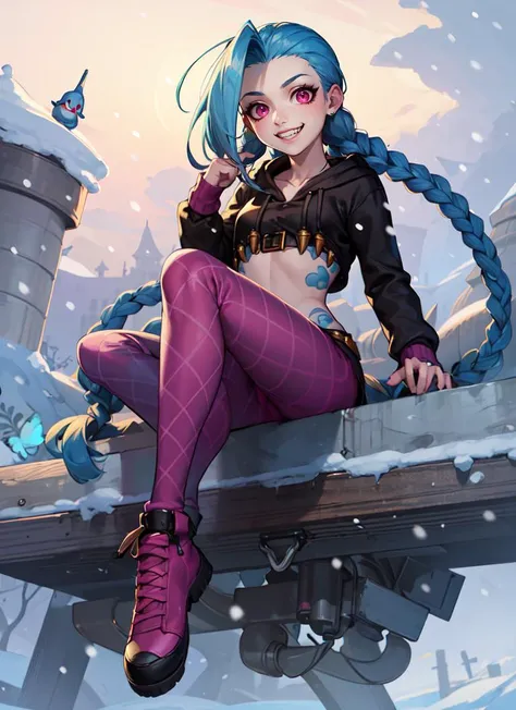 ((best quality)), ((highly detailed)), masterpiece, detailed face, beautiful face, , (1girl), (solo), from below, full body, <lora:jinx_default_lol:.9>, jinx (league of legends), blue hair, ((very long hair)), twin braids, pink eyes, tattoos, small breasts...