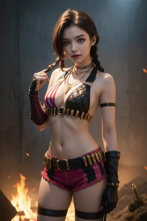 (masterpiece, best quality:1.2), intricate details, <lora:jinx_default_lol-000021:1>, jinx (league of legends), 1girl, twin braids, single elbow glove, short shorts, bikini top only, necklace, belt, bullet, fingerless gloves