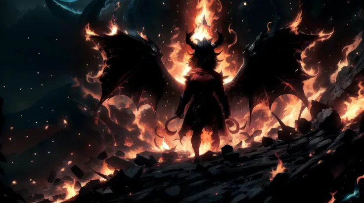 a close up of a demonic demon standing in front of a fire