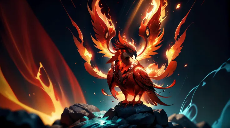 a red bird with orange wings standing on a rock in the middle of a fire