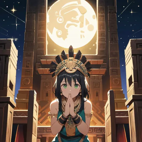 (masterpiece), best quality, expressive eyes, perfect face, golden and black aztec warrior outfit, medium breasts, black long hair, aztec temple, night, moon in the background, stars in the background, sacrifical altar, green eyes, praying